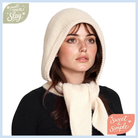 Accessories - Wool Knitted Hooded Scarf Set One Size Winter Neck Warmer Hat
